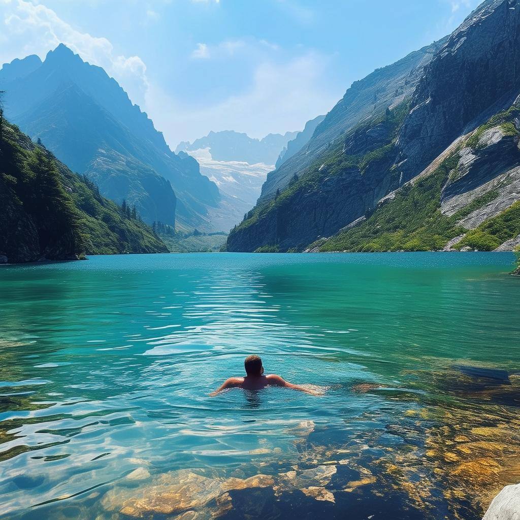 swimming in a lake surrounded by mountains swimming in a lake surrounded by mountains